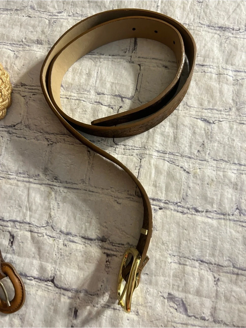 NINE WEST METALLIC COPPER BRONZE VEGAN & VTG BROWN WITH NATURAL WOVEN BELTS